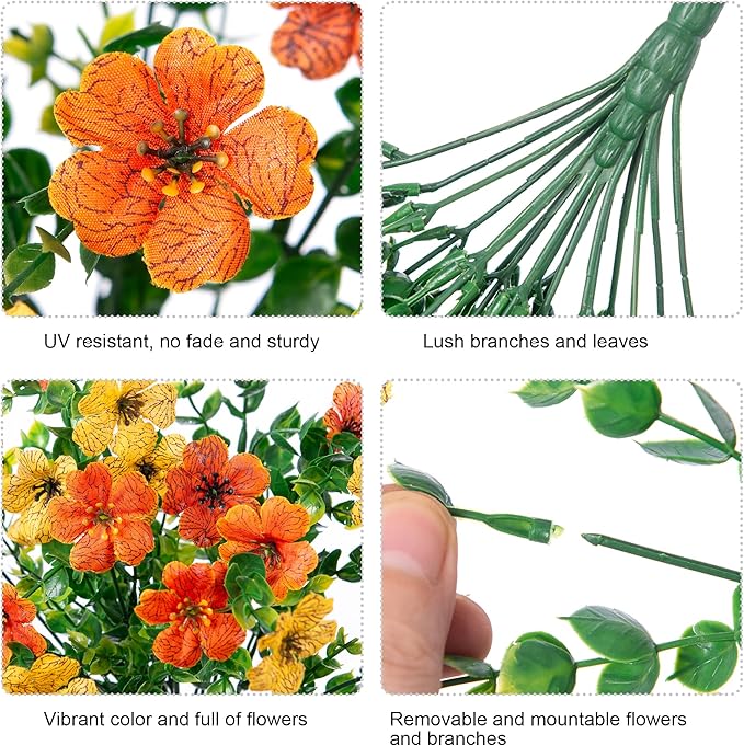 Artificial flower bundle detail: orange blossoms with green stems and clustered green leaves