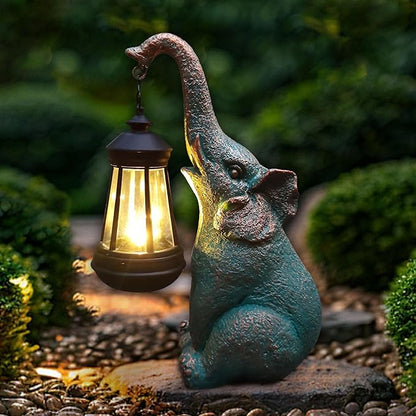 Solar Elephant Garden Statue with Lantern - 10.8-Inch Good Luck Resin Decor