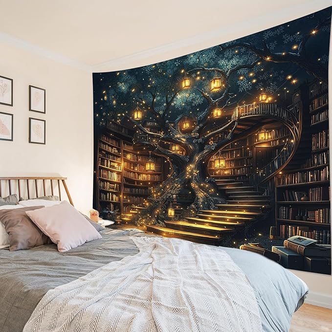 Fantasy Library Bookshelf Tapestry – 70.9"x92.5" Extra Large | HD Print Fairytale Magic Bookshelf | Retro Vintage Feature Wall Hanging for Bedroom Living Room & Classroom