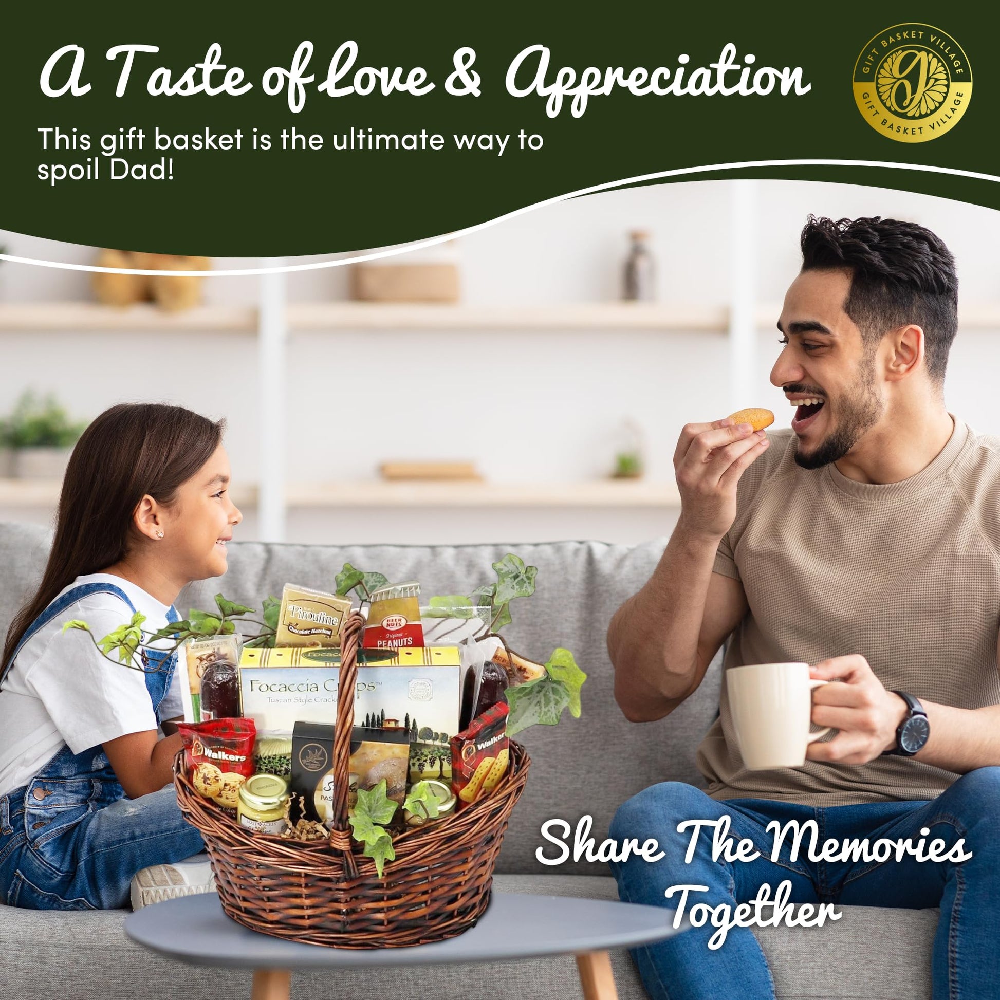 Wicker snack gift basket on a table with assorted packaged treats and condiments