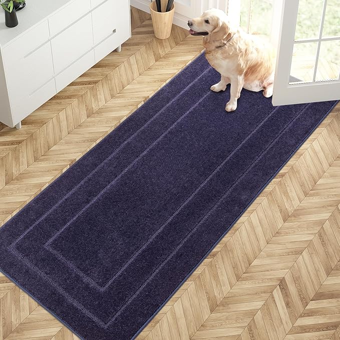 Navy blue dirt-trapping entryway runner with low-profile textured surface