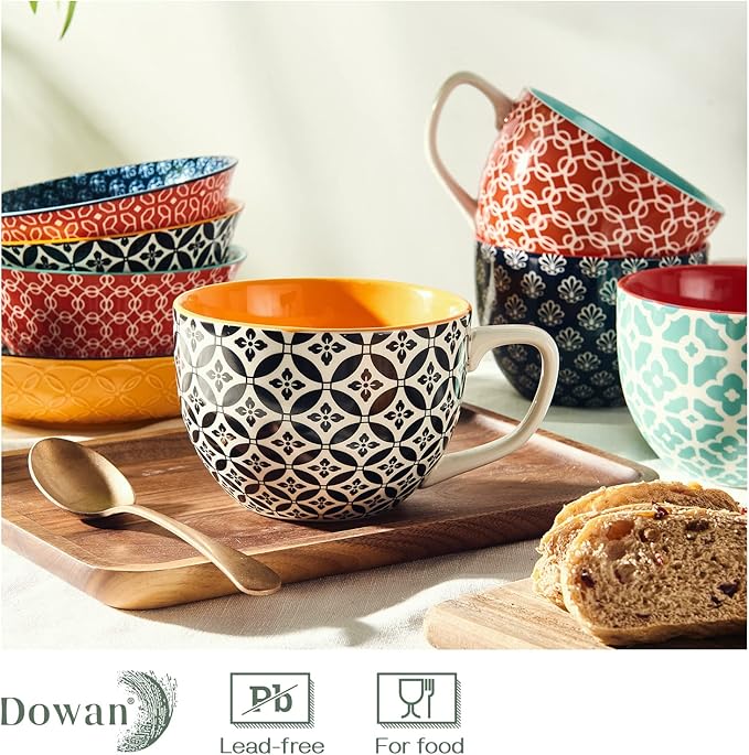 Ceramic coffee mugs set with handles, navy and white geometric, orange and red, on tray