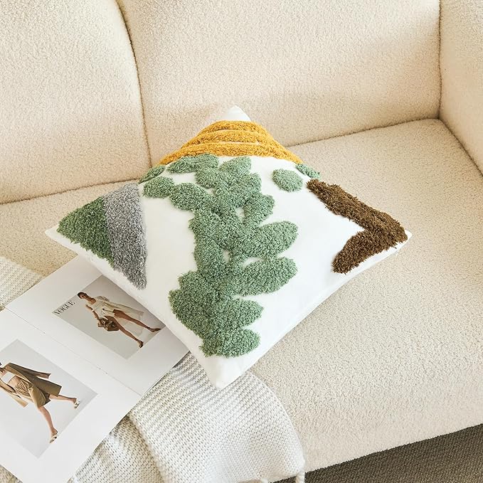 Tufted throw pillow cover, white with green pine tree and brown accent patch