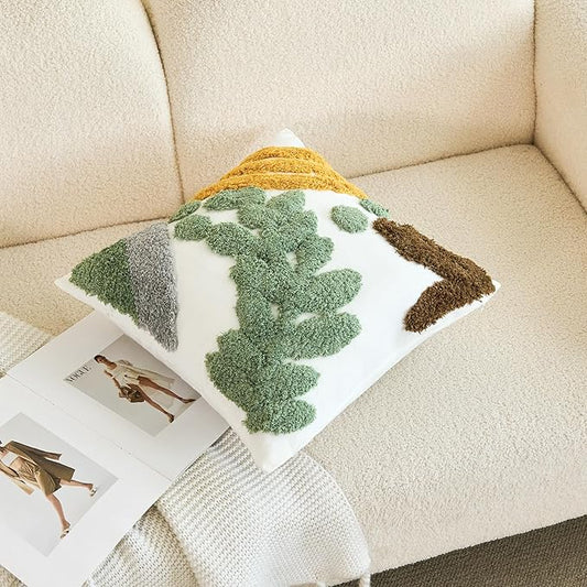 Tufted throw pillow cover, white with green pine tree and brown accent patch