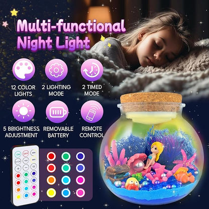 Mermaid Terrarium Craft Kit for Kids – DIY LED Night Light | 12 Colours Remote Control | Ages 5-12 | Mermaid Birthday Gift for Girls