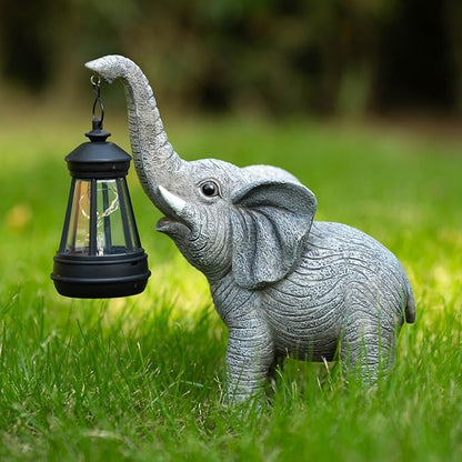 Solar Elephant Garden Statue with Lantern - IP65 Good Luck Resin Outdoor Decor