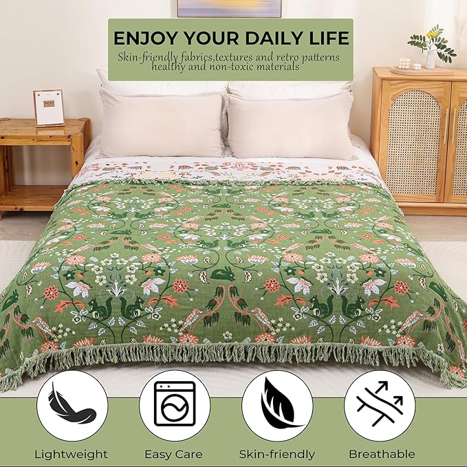 Light Green Squirrel Print Boho Cotton King Blanket – 90"x98" | 4-Layer Breathable 100% Cotton | OEKO-TEX GOTS GRS Certified Farmhouse Throw