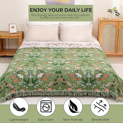 Light Green Squirrel Print Boho Cotton King Blanket – 90"x98" | 4-Layer Breathable 100% Cotton | OEKO-TEX GOTS GRS Certified Farmhouse Throw