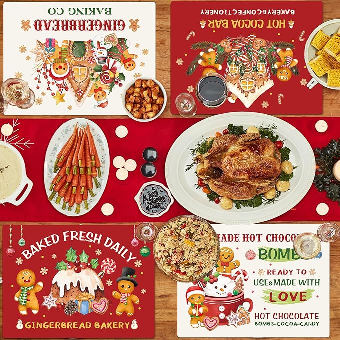 Christmas gingerbread and hot cocoa theme table mat set laid out with plates and dishes