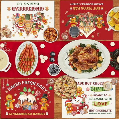 Christmas gingerbread and hot cocoa theme table mat set laid out with plates and dishes