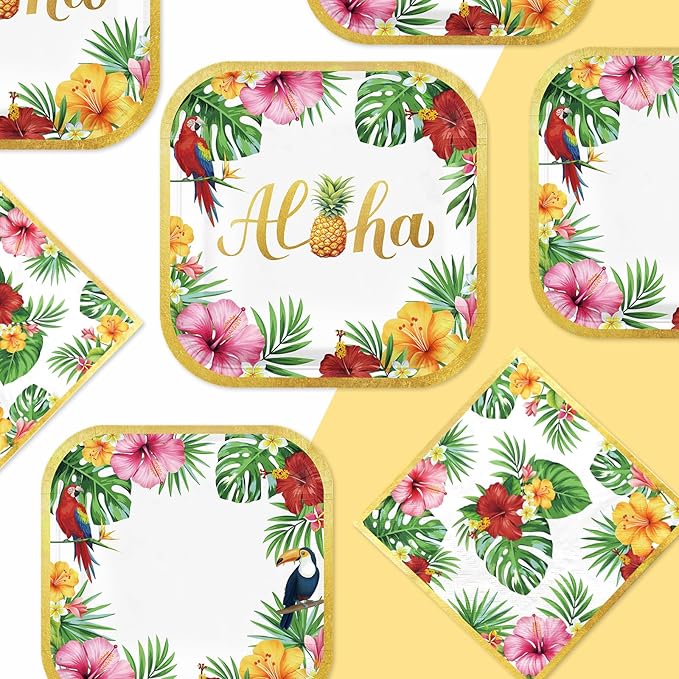 Pack of Aloha tropical paper plates and napkins with hibiscus, toucan, and palm leaves