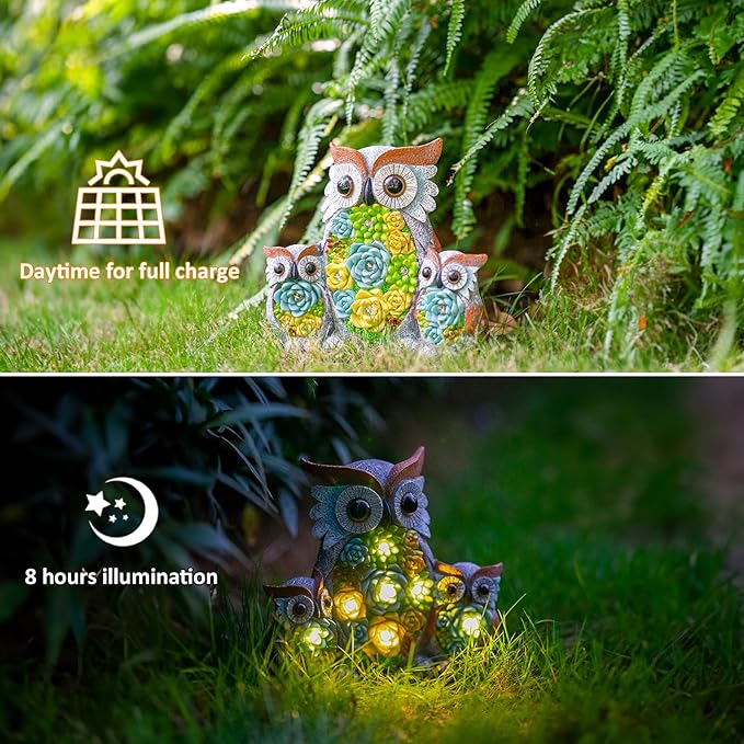 Solar Owl Garden Statue with Succulent LED Lights - IP65 Resin Outdoor Decor
