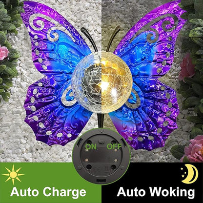 Solar Butterfly Garden Stake Light with Crackle Glass Globe - Metal Outdoor Decor