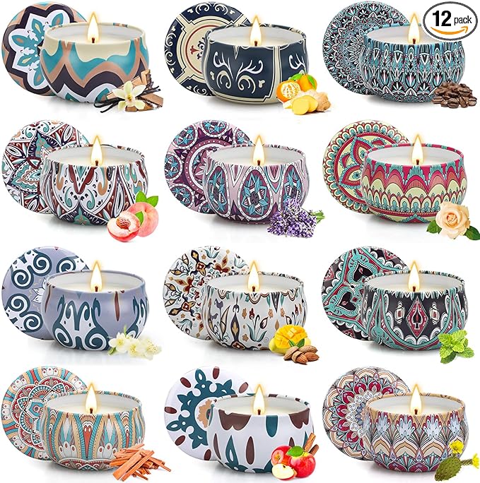 12-pack scented candles in patterned ceramic jar holders with visible wicks, assorted designs