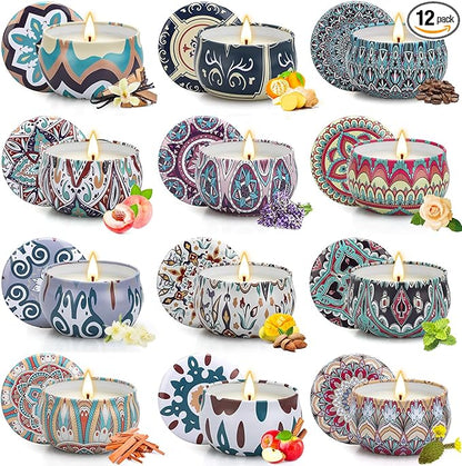 12-pack scented candles in patterned ceramic jar holders with visible wicks, assorted designs
