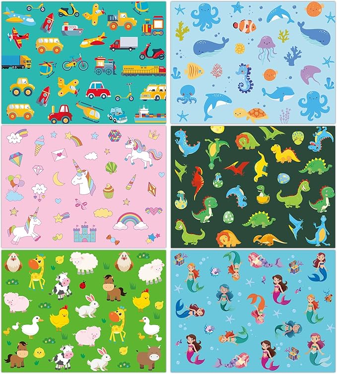 Set of 6 kids placemats with colorful cartoon farm, ocean, and vehicle patterns