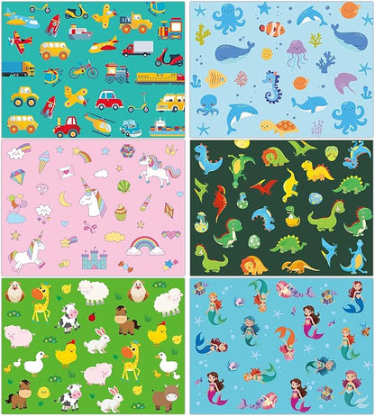 Set of 6 kids placemats with colorful cartoon farm, ocean, and vehicle patterns