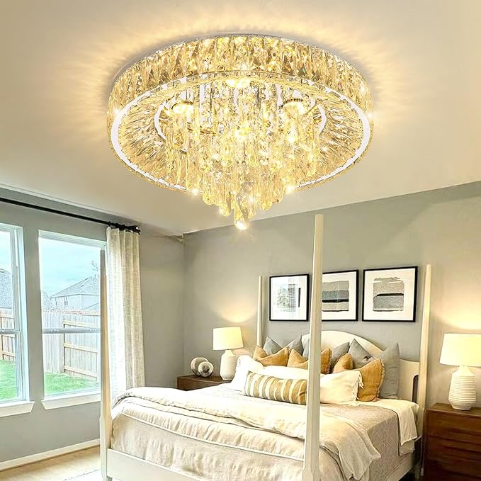 Flush mount crystal chandelier with warm glowing light through clear crystal prisms