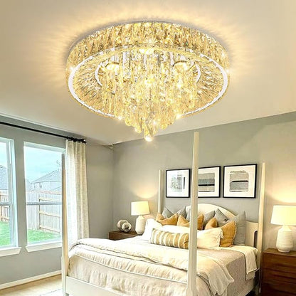 Flush mount crystal chandelier with warm glowing light through clear crystal prisms