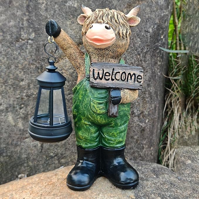 Solar Cow Garden Statue with Lantern and Welcome Sign - Farmhouse Resin Outdoor Decor