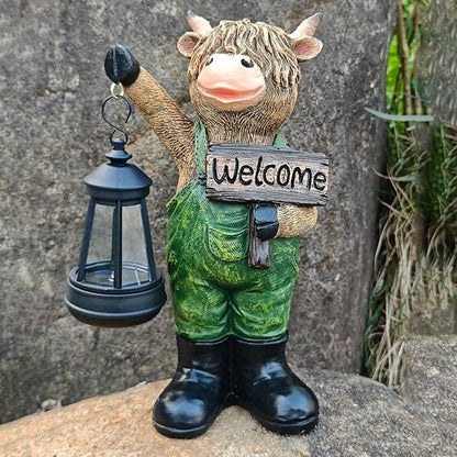 Solar Cow Garden Statue with Lantern and Welcome Sign - Farmhouse Resin Outdoor Decor