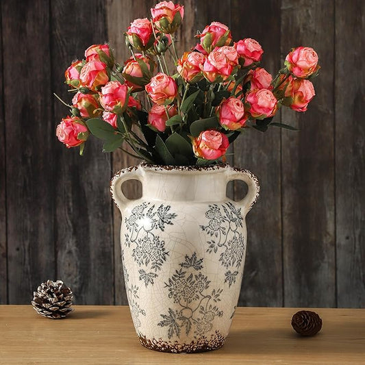 Blue and white chinoiserie ceramic vase with double handles, floral pattern