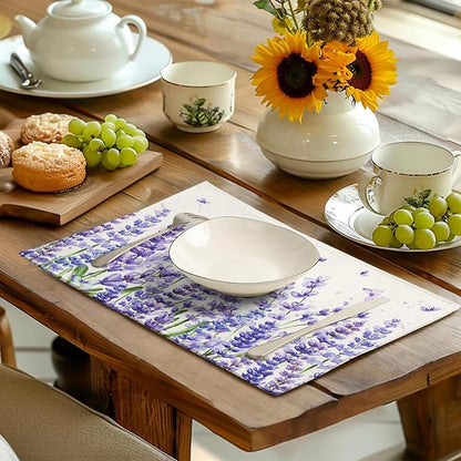 Lavender butterfly placemat with matching purple pattern laid on table with tableware.