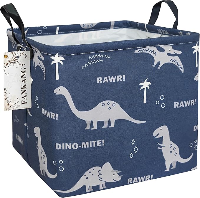 Dinosaur Canvas Storage Bin - Foldable Waterproof Navy Dino Basket for Boys Room, Toys, and Kids Gifts