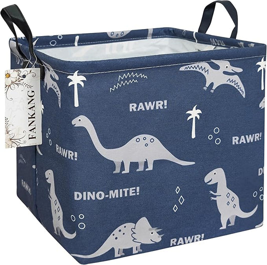 Dinosaur Canvas Storage Bin - Foldable Waterproof Navy Dino Basket for Boys Room, Toys, and Kids Gifts
