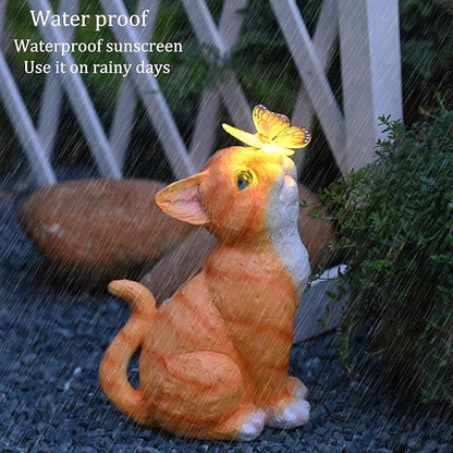 Yellow Cat Solar Garden Statue with LED Light - Waterproof Resin Outdoor Decor