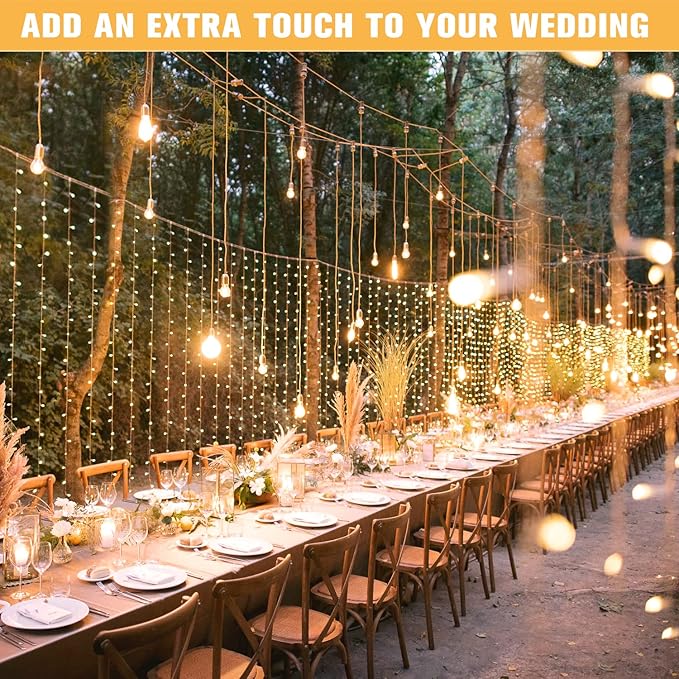 Warm white LED curtain string lights with globe bulbs along an outdoor dining table