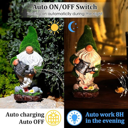 Solar garden gnome statue with green hat and white beard, glowing wire lights at night