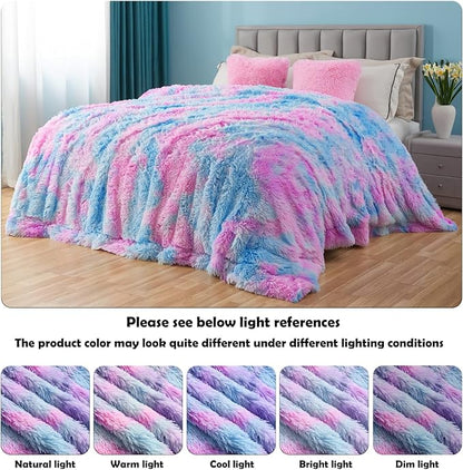 Purple Rainbow Shaggy Faux Fur Queen Blanket – 90"x90" | 1.5" Deep Plush Pile | Magical Whimsical Throw for Queen Beds & Fantasy Bedrooms
