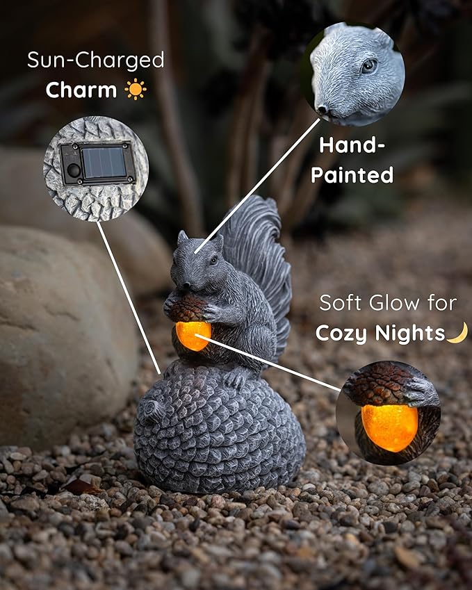 Solar Squirrel Garden Statue with Glowing LED Acorn - Hand-Painted Resin Decor