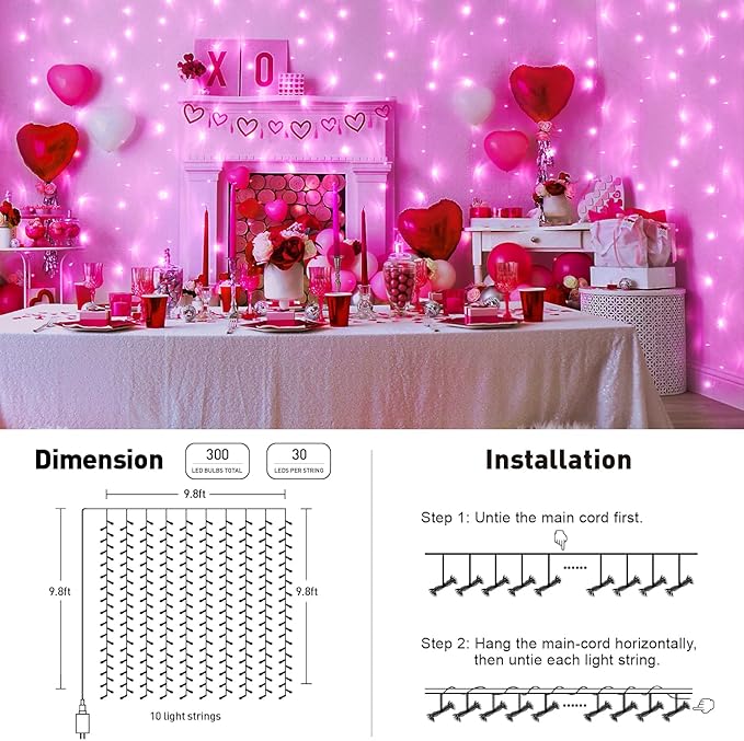 Pink LED curtain light set with controller and instruction diagram