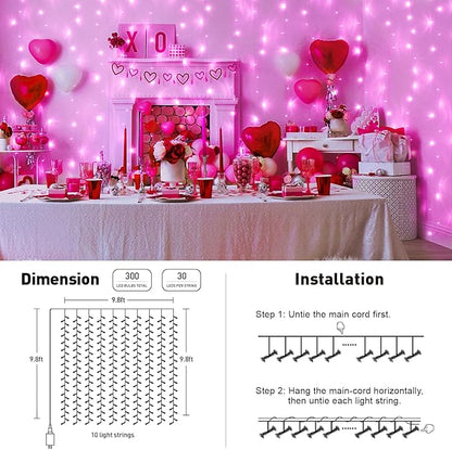 Pink LED curtain light set with controller and instruction diagram