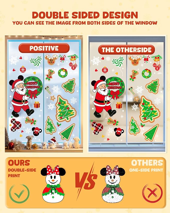 Double-sided Christmas window clings with positive and opposite-side designs