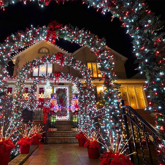 Red and white mini LED string lights forming an outdoor light curtain