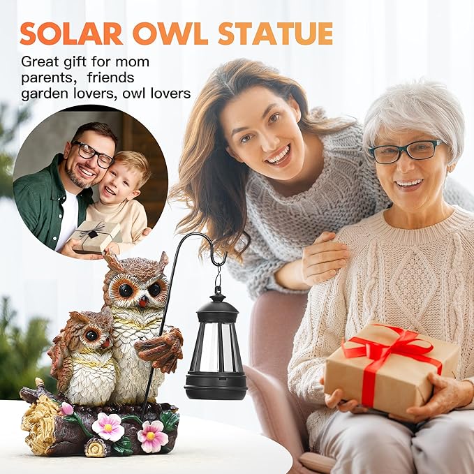 Owl Family Solar Garden Statue with LED Lantern - IP65 Resin Decor