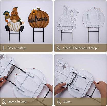 Assembly guide for gnome welcome sign stakes, showing step-by-step setup.