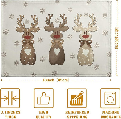 Beige placemat featuring three brown reindeers with gray snowflakes and stitched edge