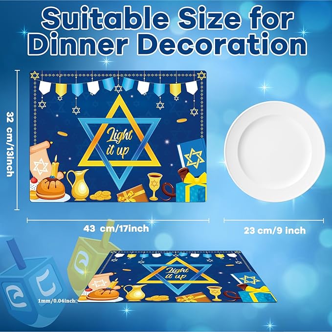Blue Hanukkah plastic placemat with “Light it up” design, measures 43 x 32 cm