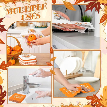 Fall Thanksgiving Paper Napkins, 150 Count, 5 x 5 Inches – Scalloped Pumpkin Cocktail & Dessert Napkins for Autumn Harvest Parties, Dinner Tables, Weddings, Bathroom Decor & Decoupage