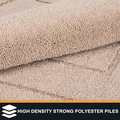 Beige loop-pile runner rug close-up, showing dense high-texture surface and binding.