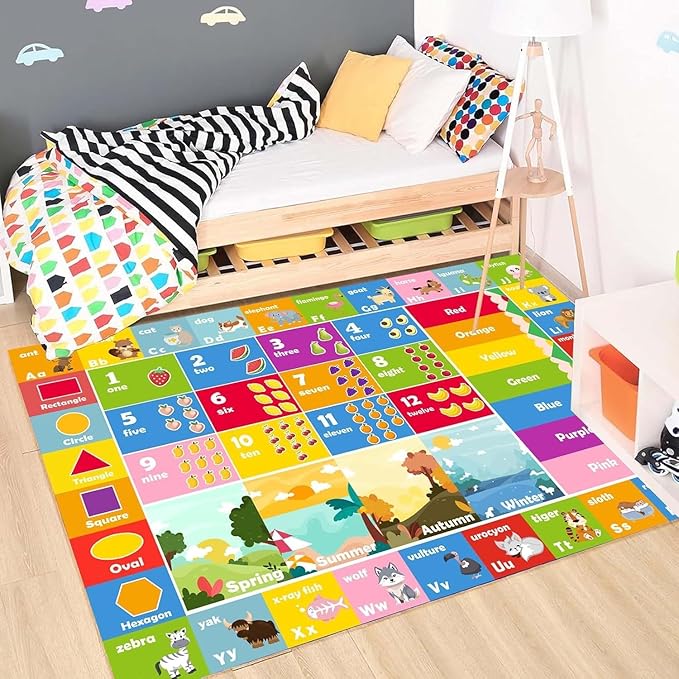 Kids alphabet and numbers learning rug with animal icons and seasonal panels