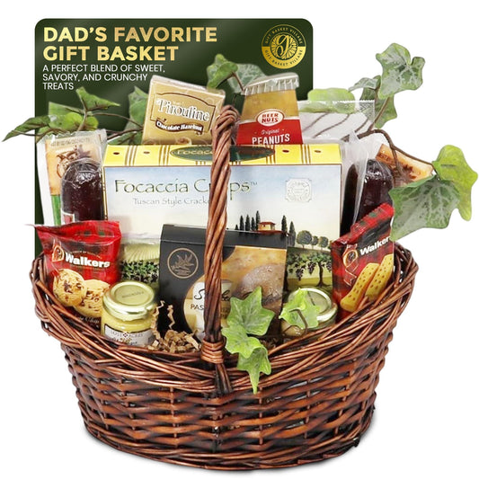 Wicker snack gift basket filled with assorted packaged treats and savory snacks