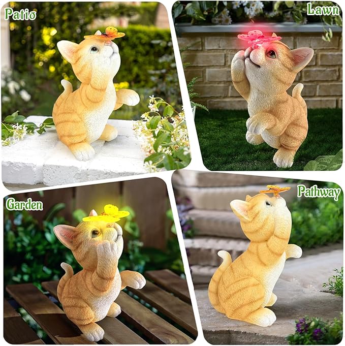 Solar Cat Garden Statue with Butterfly - 10.23-Inch Resin Outdoor Decor