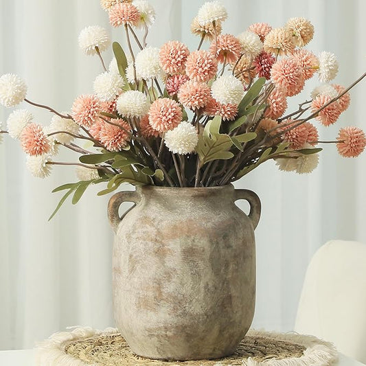 Textured ceramic vase with two side handles, light gray stone finish, wide mouth