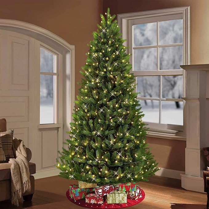 Warm white LED string lights on a Christmas tree indoors near windows