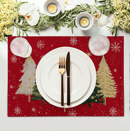 Red Christmas placemat with fir trees and snowflake pattern for dining table